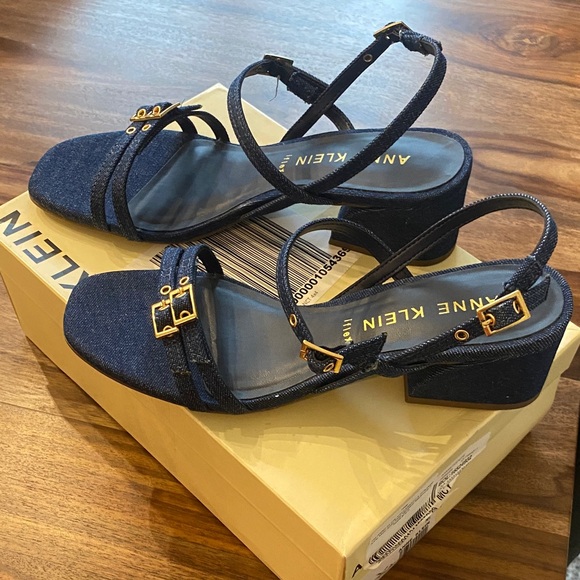 Anne Klein Navy Heeled Sandals with Gold Accents - Picture 5 of 7